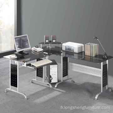 grand bureau de travail d&#39;ordinateur de bureau en verre en forme de L